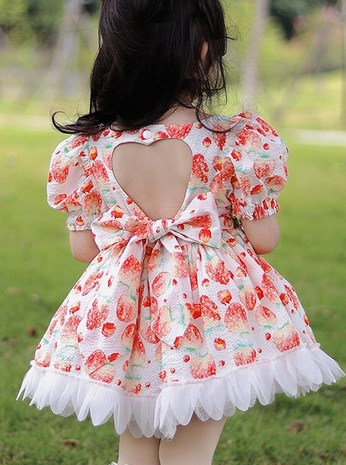 Summer Floral Cute Strawberry Print Petal Lace Hem Skirt Princess Sweet Lolita Kids Puff Sleeve Dress