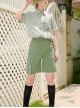 Limited Flowering Period Series Ouji Fashion Daily Commute White Stripe Asymmetrical Button Straight Green Shorts