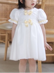 Summer Princess Cute Daily Round Neck Yellow Bow Decoration Lace Embroidery Sweet Lolita Puff Sleeve Kids Dress