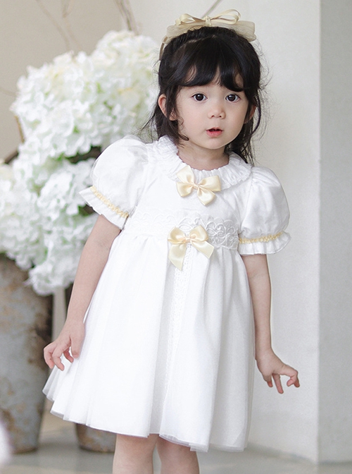 Summer Princess Cute Daily Round Neck Yellow Bow Decoration Lace Embroidery Sweet Lolita Puff Sleeve Kids Dress