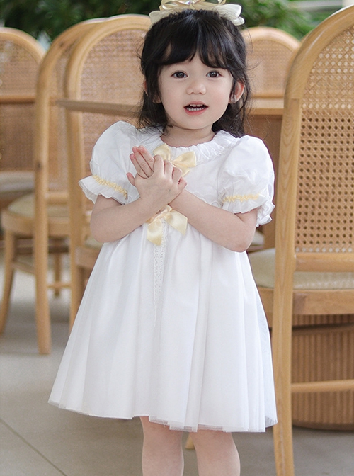 Summer Princess Cute Daily Round Neck Yellow Bow Decoration Lace Embroidery Sweet Lolita Puff Sleeve Kids Dress