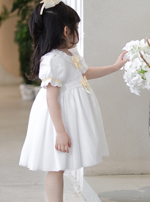 Summer Princess Cute Daily Round Neck Yellow Bow Decoration Lace Embroidery Sweet Lolita Puff Sleeve Kids Dress