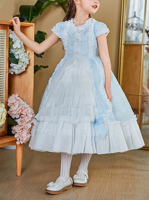 Elegant Court Style Lace Neckline Pearl Decoration Lace Ruffled Hem Kids Classic Lolita Puff Sleeve Dress