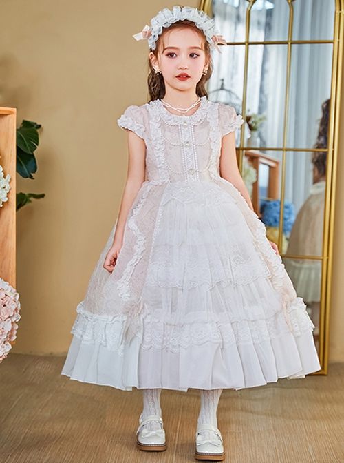 Elegant Court Style Lace Neckline Pearl Decoration Lace Ruffled Hem Kids Classic Lolita Puff Sleeve Dress