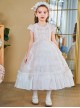 Elegant Court Style Lace Neckline Pearl Decoration Lace Ruffled Hem Kids Classic Lolita Puff Sleeve Dress