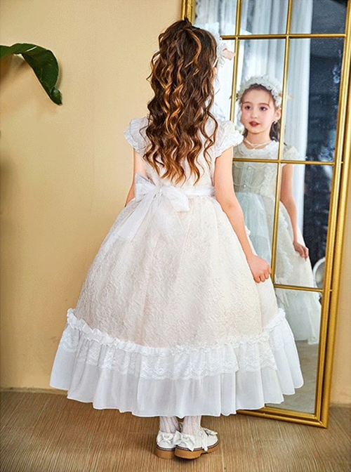 Elegant Court Style Lace Neckline Pearl Decoration Lace Ruffled Hem Kids Classic Lolita Puff Sleeve Dress