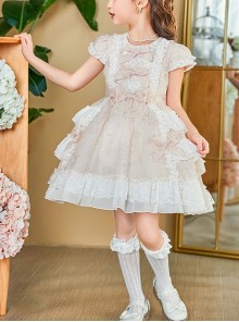 Cute Elegant Court Style Lace Bowknot Pearl Decoration Ruffle Cuffs Puffy Hem Kids Sweet Lolita Short Sleeve Dress