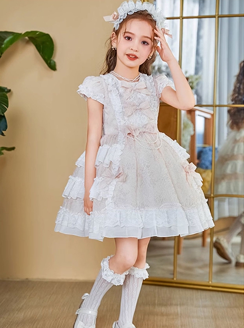 Cute Elegant Court Style Lace Bowknot Pearl Decoration Ruffle Cuffs Puffy Hem Kids Sweet Lolita Short Sleeve Dress