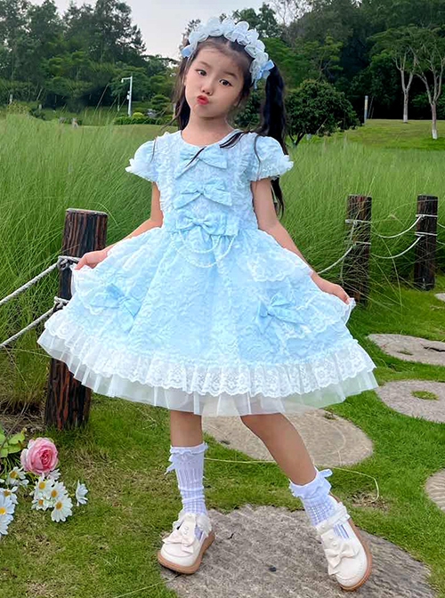 Cute Elegant Court Style Lace Bowknot Pearl Decoration Ruffle Cuffs Puffy Hem Kids Sweet Lolita Short Sleeve Dress