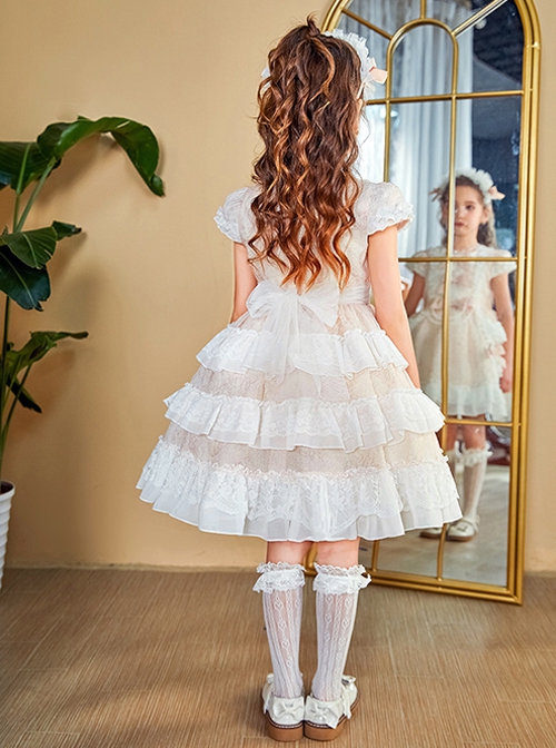 Cute Elegant Court Style Lace Bowknot Pearl Decoration Ruffle Cuffs Puffy Hem Kids Sweet Lolita Short Sleeve Dress