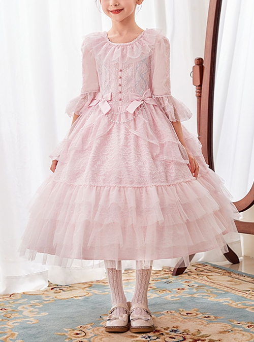 Lace Princess Collar Elegant Court Style Collar Bowknot Decorated Lace Middle Sleeve Ruffle Hem Sweet Lolita Kids Dress