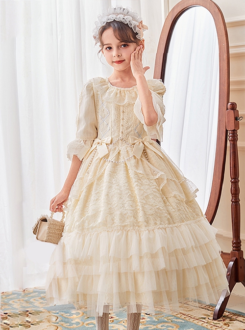 Lace Princess Collar Elegant Court Style Collar Bowknot Decorated Lace Middle Sleeve Ruffle Hem Sweet Lolita Kids Dress