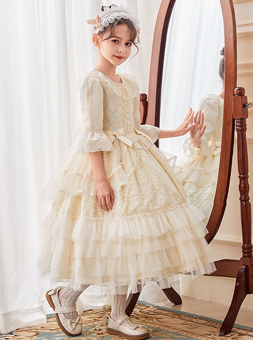 Lace Princess Collar Elegant Court Style Collar Bowknot Decorated Lace Middle Sleeve Ruffle Hem Sweet Lolita Kids Dress