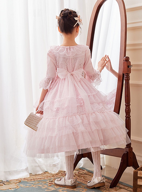 Lace Princess Collar Elegant Court Style Collar Bowknot Decorated Lace Middle Sleeve Ruffle Hem Sweet Lolita Kids Dress