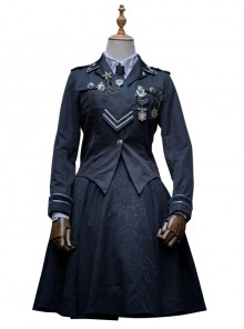 Judge Oath Series Ouji Fashion Military Collar Delicate Vintage Silver Buttons Silver Thread Waist Slim Gothic Black Suit Coat