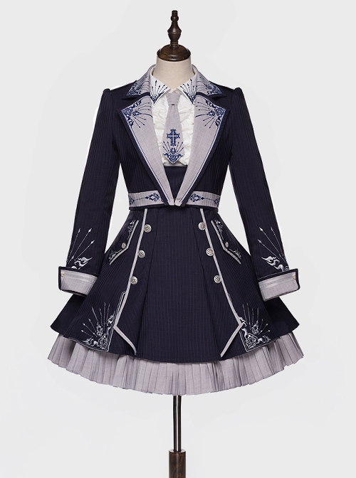 Sheffield Series College Style Navy Blue Embroidery Striped British Military Uniform Style Ouji Fashion Lolita Sleeveless Dress Coat Set