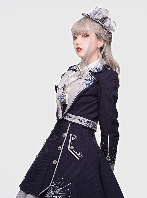 Sheffield Series College Style Navy Blue Embroidery Striped British Military Uniform Style Ouji Fashion Lolita Sleeveless Dress Coat Set