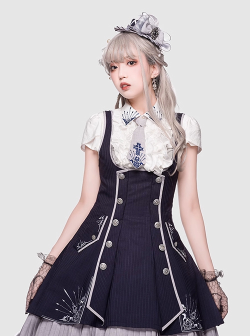 Sheffield Series College Style Navy Blue Embroidery Striped British Military Uniform Style Ouji Fashion Lolita Sleeveless Dress Coat Set