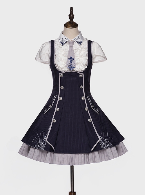 Sheffield Series College Style Navy Blue Embroidery Striped British Military Uniform Style Ouji Fashion Lolita Sleeveless Dress Coat Set