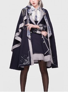 Sheffield Series Ouji Fashion Lolita College Style Navy Blue Embroidery Striped British Military Uniform Style Female Cloak Epaulets Cape