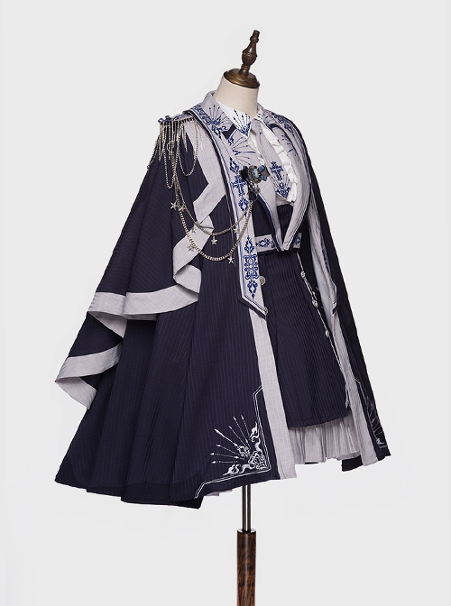 Sheffield Series Ouji Fashion Lolita College Style Navy Blue Embroidery Striped British Military Uniform Style Female Cloak Epaulets Cape