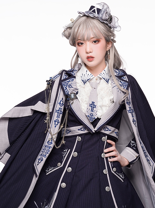 Sheffield Series Ouji Fashion Lolita College Style Navy Blue Embroidery Striped British Military Uniform Style Female Cloak Epaulets Cape