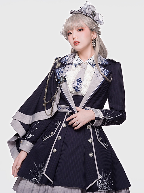 Sheffield Series Ouji Fashion Lolita College Style Navy Blue Embroidery Striped British Military Uniform Style Female Cloak Epaulets Cape