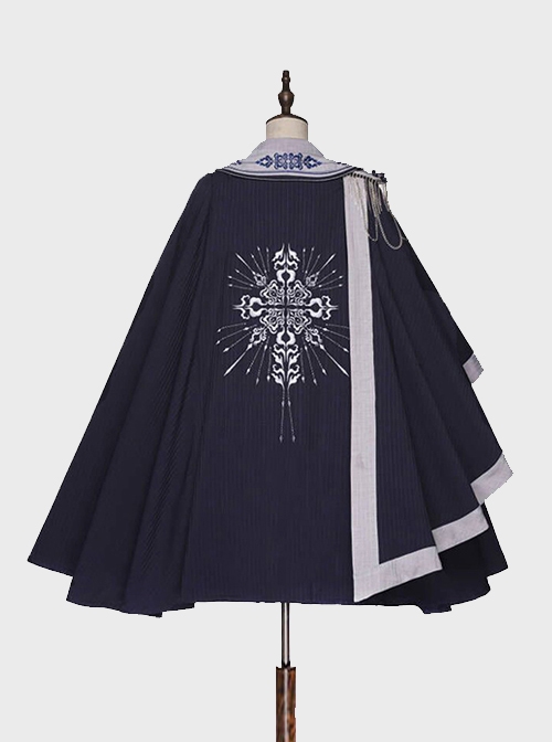 Sheffield Series Ouji Fashion Lolita College Style Navy Blue Embroidery Striped British Military Uniform Style Female Cloak Epaulets Cape