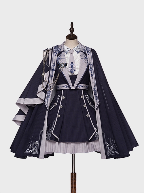 Sheffield Series Ouji Fashion Lolita College Style Navy Blue Embroidery Striped British Military Uniform Style Female Cloak Epaulets Cape