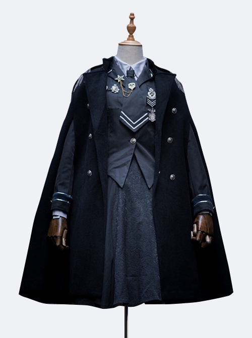 Judge Oath Series Ouji Fashion Military Lolita Epaulet Exquisite Bowknot Lace Binding Band Noble Silver Buttons Cool Black Cloak Blouse SK Set