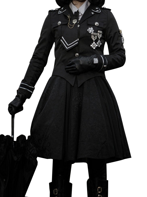 Judge Oath Series Ouji Fashion Military Lolita Epaulet Exquisite Bowknot Lace Binding Band Noble Silver Buttons Cool Black Cloak Blouse SK Set