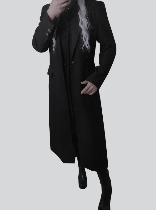 Abstinence Series Ouji Fashion Noble Formal Long Blazer Slim Fit Silver Buttons Black Coat