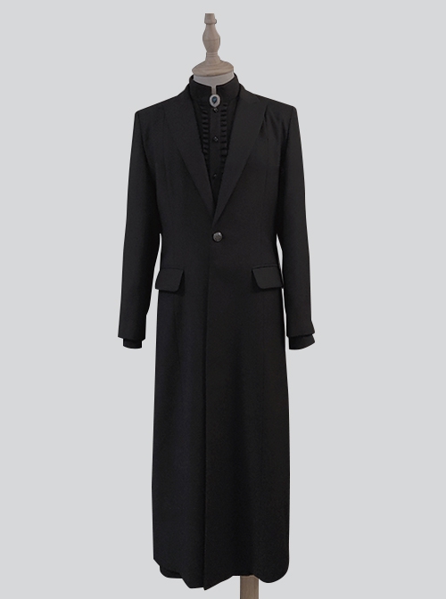 Abstinence Series Ouji Fashion Noble Formal Long Blazer Slim Fit Silver Buttons Black Coat