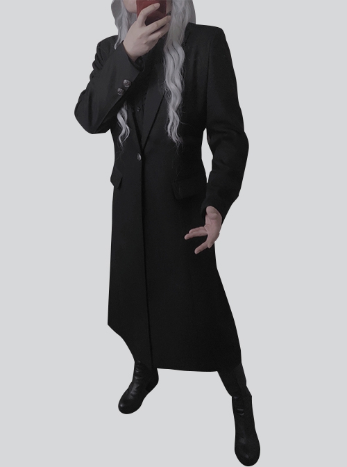 Abstinence Series Ouji Fashion Noble Formal Long Blazer Slim Fit Silver Buttons Black Coat