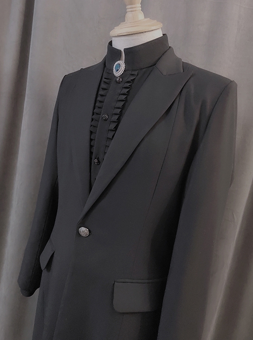 Abstinence Series Ouji Fashion Noble Formal Long Blazer Slim Fit Silver Buttons Black Coat