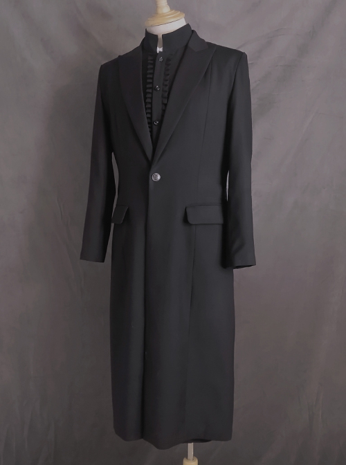 Abstinence Series Ouji Fashion Noble Formal Long Blazer Slim Fit Silver Buttons Black Coat