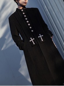 Abstinence Series Ouji Fashion Noble Slim Goth Cross Embroidery Scarf Priest Waist Silver Buttons Stand Collar Coat