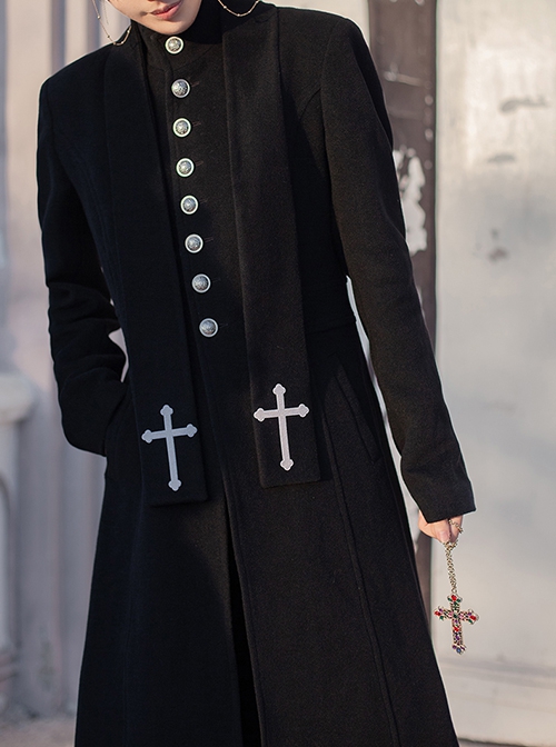 Abstinence Series Ouji Fashion Noble Slim Goth Cross Embroidery Scarf Priest Waist Silver Buttons Stand Collar Coat