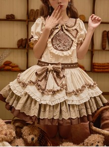 Cream Rabbit Series Cute Daily Bowknot Design Neckline Exquisite Rabbit Embroidery Petal Hem Lace Decoration Sweet Lolita Puff Sleeve Dress