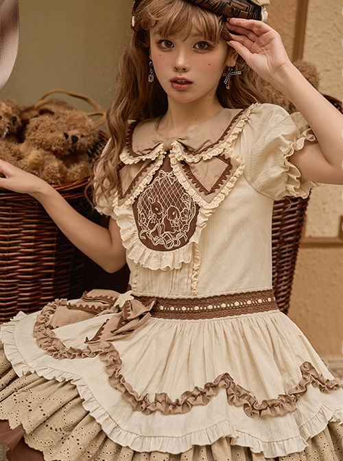 Cream Rabbit Series Cute Daily Bowknot Design Neckline Exquisite Rabbit Embroidery Petal Hem Lace Decoration Sweet Lolita Puff Sleeve Dress