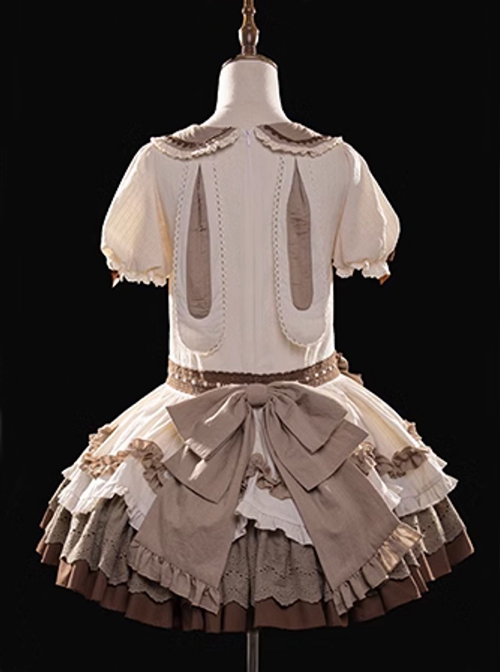 Cream Rabbit Series Cute Daily Bowknot Design Neckline Exquisite Rabbit Embroidery Petal Hem Lace Decoration Sweet Lolita Puff Sleeve Dress