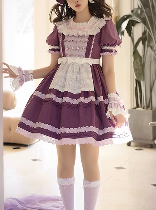 Moldova Winery Series Elegant Daily Square Neck Design Ribbon Floral Bowknot Lace Decoration Classic Lolita Puff Short Sleeves Dress