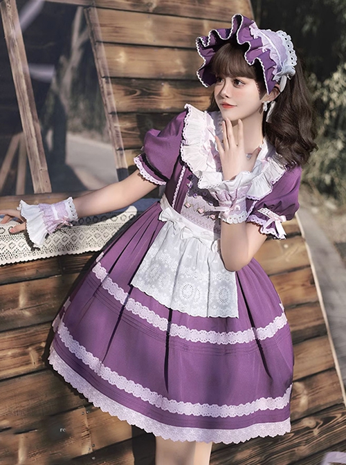 Moldova Winery Series Elegant Daily Square Neck Design Ribbon Floral Bowknot Lace Decoration Classic Lolita Puff Short Sleeves Dress