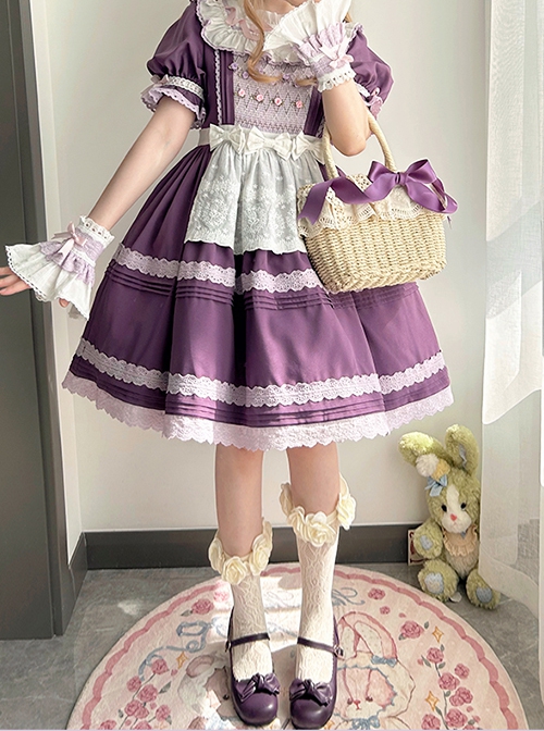 Moldova Winery Series Elegant Daily Square Neck Design Ribbon Floral Bowknot Lace Decoration Classic Lolita Puff Short Sleeves Dress