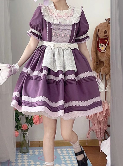 Moldova Winery Series Elegant Daily Square Neck Design Ribbon Floral Bowknot Lace Decoration Classic Lolita Puff Short Sleeves Dress