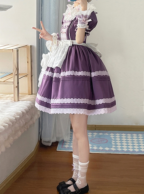 Moldova Winery Series Elegant Daily Square Neck Design Ribbon Floral Bowknot Lace Decoration Classic Lolita Puff Short Sleeves Dress