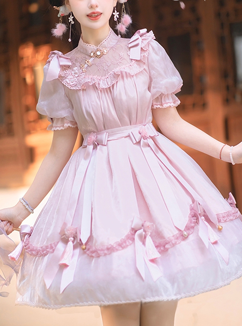 Lovely Ancient Style Peach Blossom Dark Pattern Lace Stand Collar Pearl Bowknot Small Bell Decoration Sweet Lolita Puff Sleeve Dress