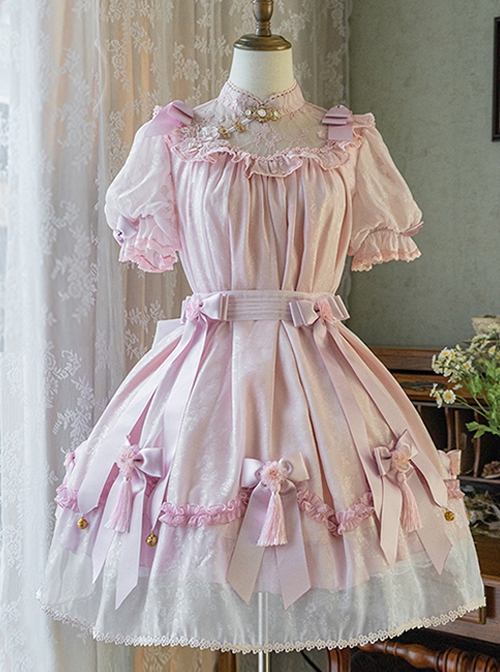 Lovely Ancient Style Peach Blossom Dark Pattern Lace Stand Collar Pearl Bowknot Small Bell Decoration Sweet Lolita Puff Sleeve Dress