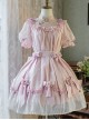 Lovely Ancient Style Peach Blossom Dark Pattern Lace Stand Collar Pearl Bowknot Small Bell Decoration Sweet Lolita Puff Sleeve Dress