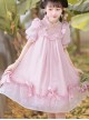 Lovely Ancient Style Peach Blossom Dark Pattern Lace Stand Collar Pearl Bowknot Small Bell Decoration Sweet Lolita Puff Sleeve Dress